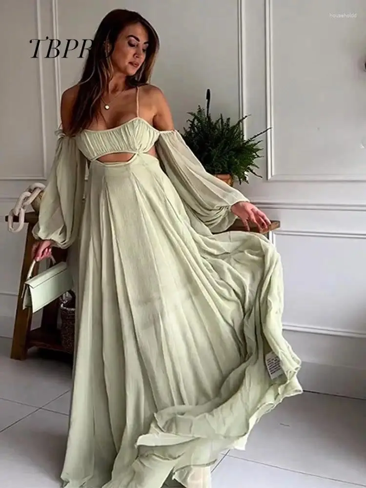 Robes décontractées Solide Sexy Dos Nu Creux Maxi Robes Mode Femmes Élégantes Manches Longues Lanterne A-ligne Robe 2024 Fête De Vacances Soirée