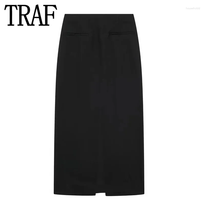 Jupes traf noir long pour femmes mode 2024 taille haute jupe midi avec fente été femme ensembles élégants pour femmes