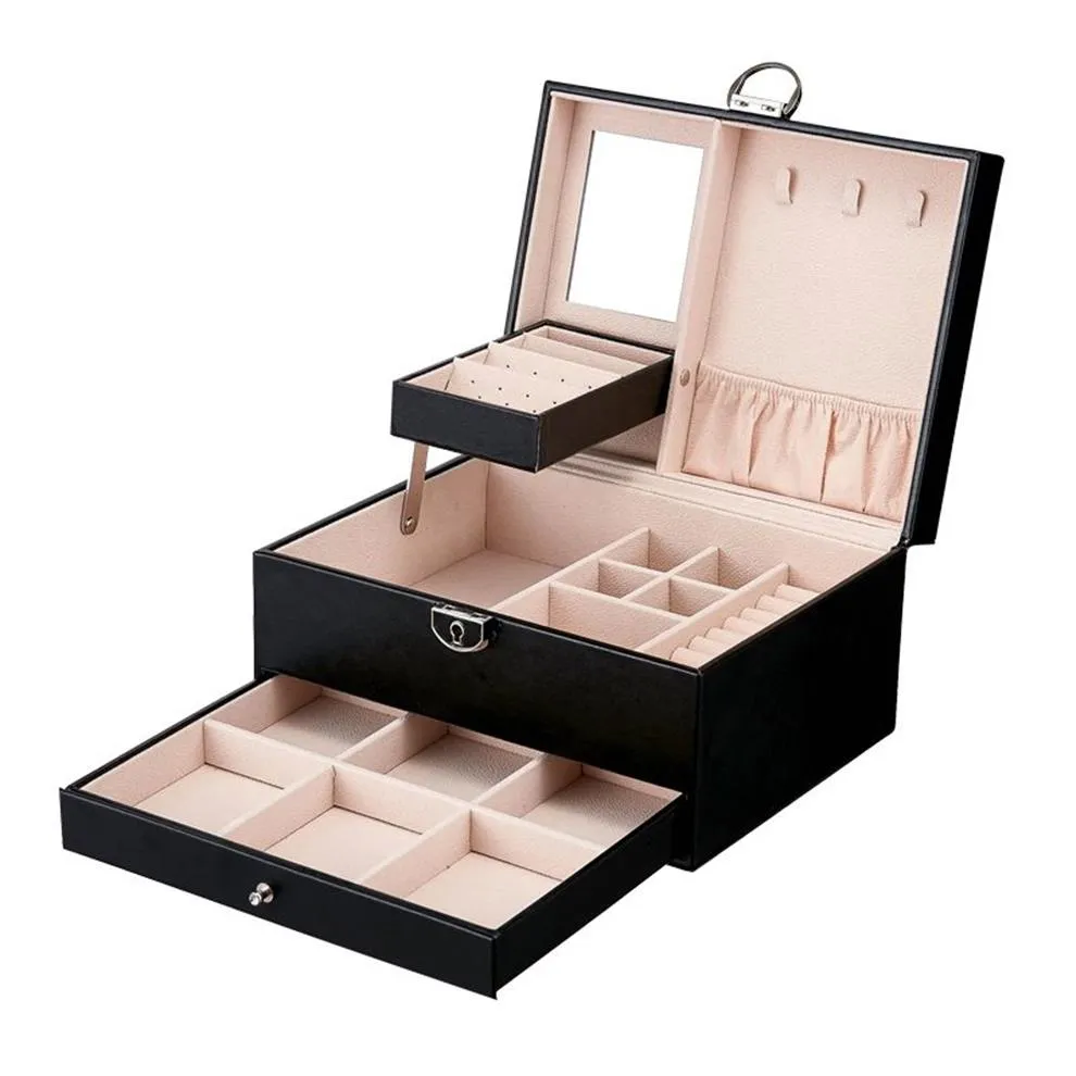 Biżuteria Pudełko 2 -warstwowe Organizator PU skórzane biżuterii Organizator pudełka etui z blokadą i lustrzanką pudełko biżuterii 22 5 17 12cm264p