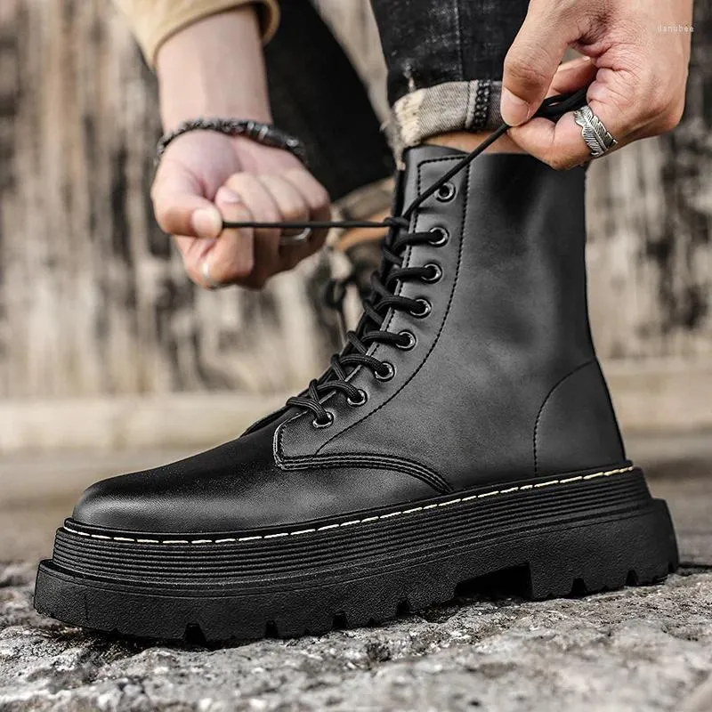 Boots Working Lace-up Combat 5Cm Chunky Heel Platform Men British Style Thick Sole Increase Height Casual