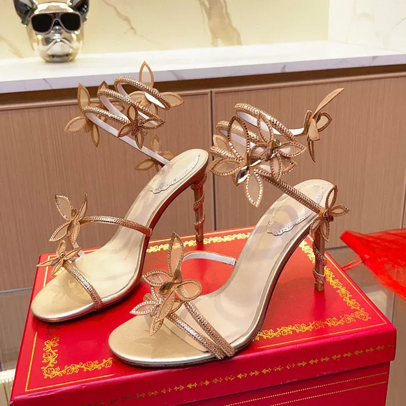 Decorar sandálias femininas sapatos cobra envoltório dedo do pé aberto stiletto senhoras sapatos rendas borboleta designer de luxo sandalias