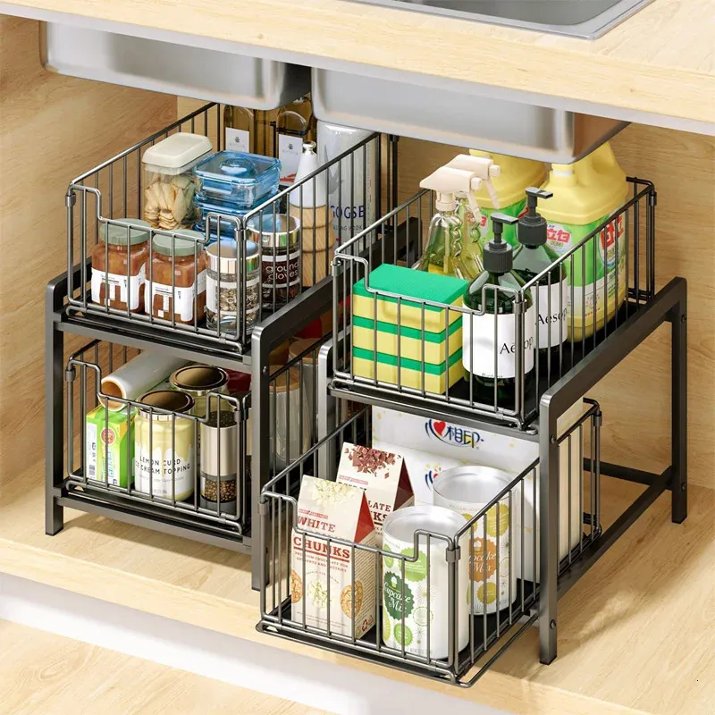 Under Sink Shelf Cabinet Organizer 2-Layer Removable Pull-Out Kitchen Under Sink Organizer Storage Rack With Drawers 240122