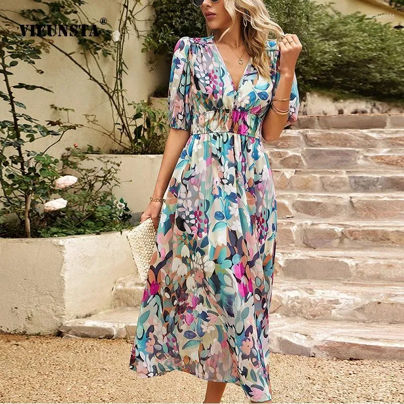 Feestjurken Vestido Modieuze Street Style Damesjurk 2024 Zomer Elegant Sexy V-hals Bloemenprint Lantaarnmouwen Lange pasvorm XL