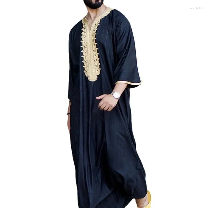 Ethnic Clothing M-XL Muslim Fashion Men Loose Golden Flower Border Solid Color Striped Short Sleeves Robes