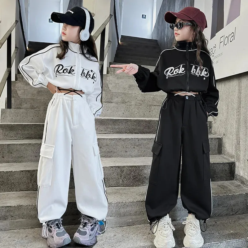 Kids Girl Fashion Streetwear Dance Clothes Set Short Zipper Coat Pants Sets Tracksuits Teen Clothing 3 5 7 9 11 13 15 Years Old 240131