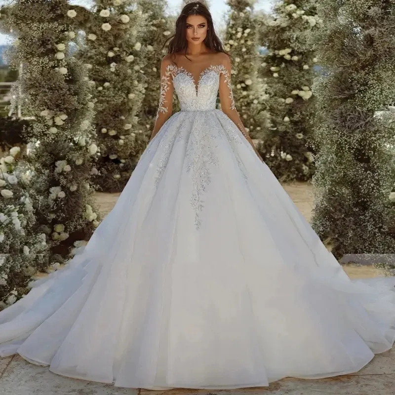 Klasyczna suknia ślubna dla kobiet 2024 SCOOP NEC DŁUGO ILUZJI Rękawy Frezowanie aplikacje błyszcząca suknia ślubna księżniczka vestidos de novia