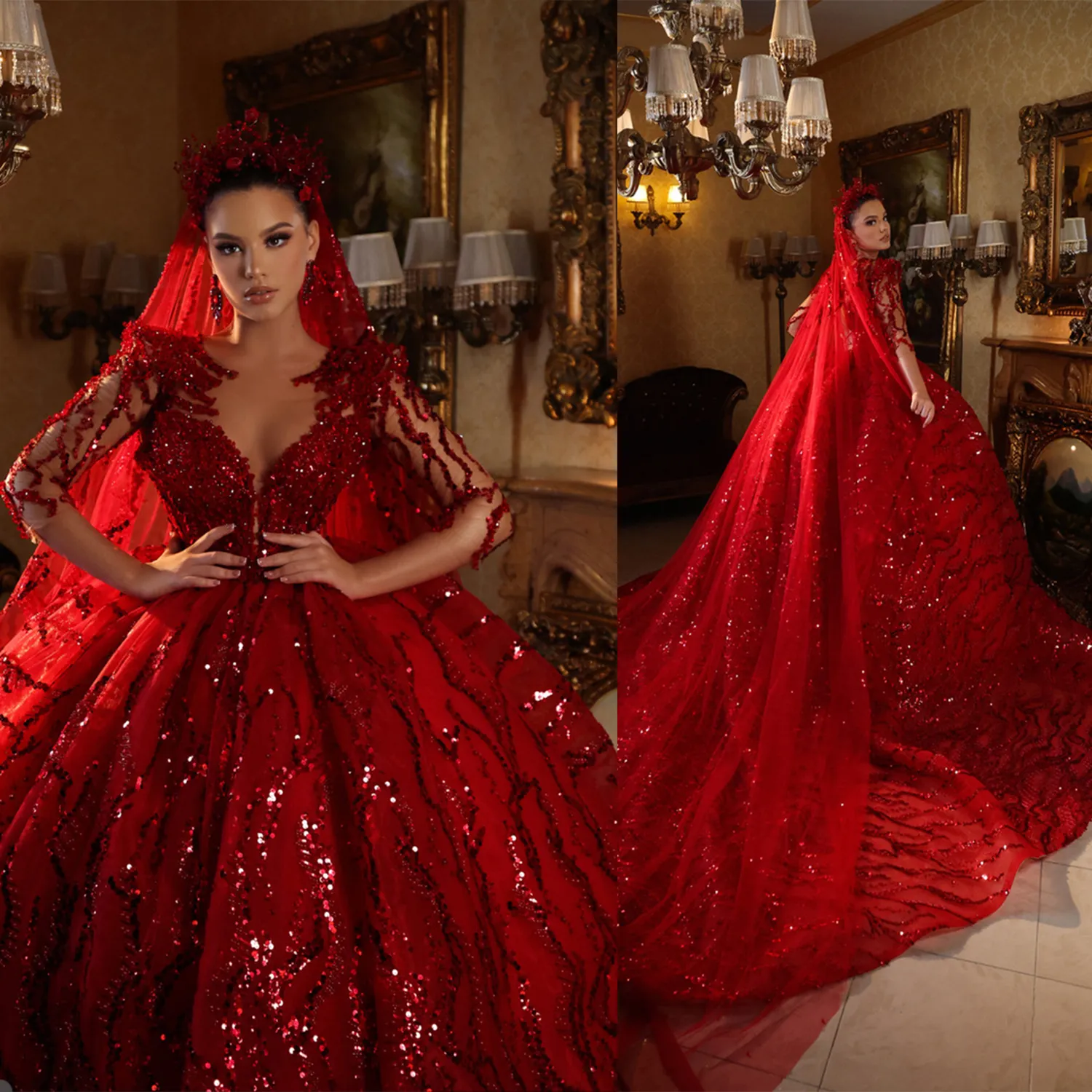 Robe princesse rouge Quinceanera, col en V, manches longues, paillettes, robe de bal élégante en Tulle avec voile