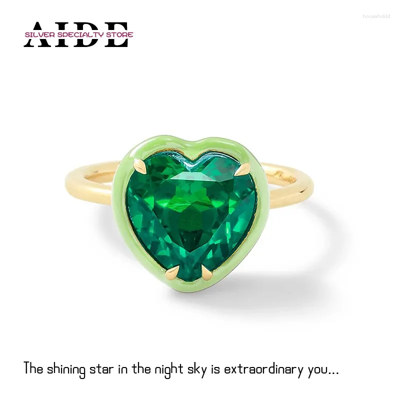 Anillos de racimo AIDE 925 plata esterlina verde azul rosa esmalte circón corazón ajustable para las mujeres joyería del banquete de boda Anillos Bague regalo