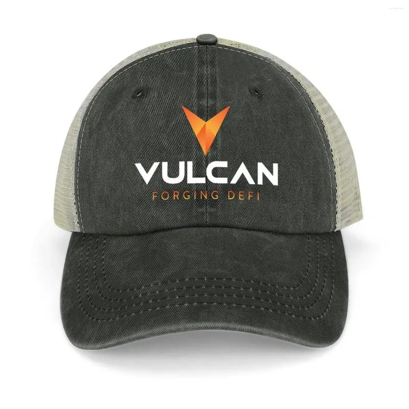 Casquettes Vulcain Blockchain |Forging Defi Corporate Ethos Chapeau de cowboy orange feu et blanc à la mode avec dos rabattable pour homme et femme