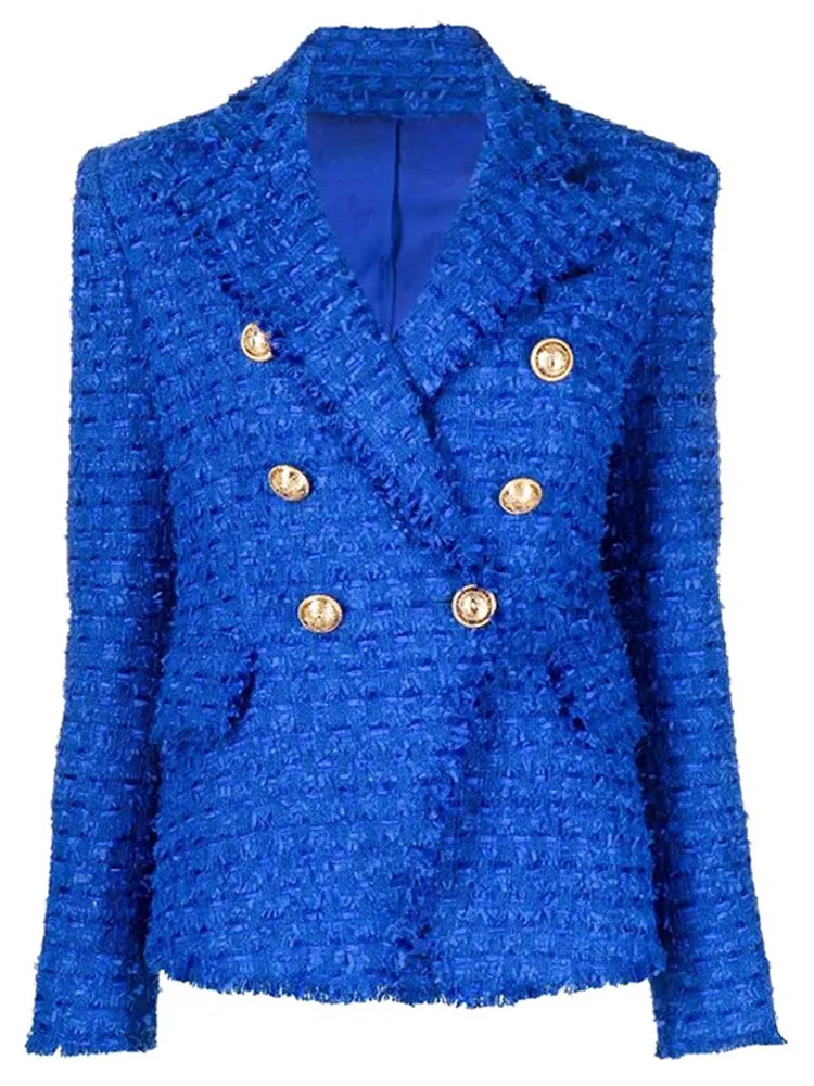 HIGH STREET est Designer Veste Mode Femmes Classique Slim Fit Double Boutonnage Lion Boutons Frangé Tweed Blazer 240201