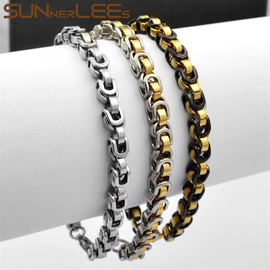 Chaîne à maillons SUNNERLEES Bijoux de mode Bracelet en acier inoxydable 5 5mm Géométrique Lien byzantin Argent Or Noir Pour Hommes Femmes SC1226m