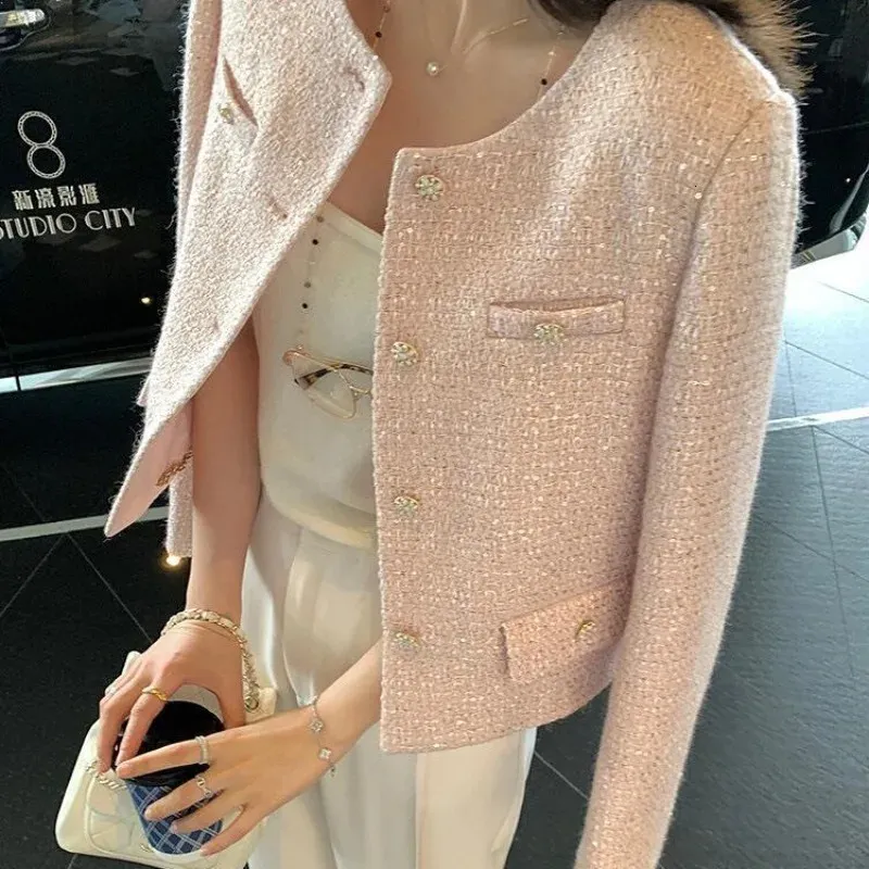 Paljett liten doft kort kappa tweed elegant temperament kvinnliga toppar höst koreansk chic rosa o nackjackor kvinna 240201