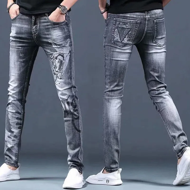 Jean gris clair de luxe pour hommes, Version coréenne, Slim, extensible, de haute qualité, imprimé, décontracté, Sexy, élégant, de rue;240226