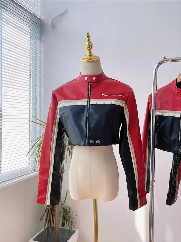 BULOCHOVA Patchwork Color Motorcycle Girls PU Leather Short Jacket Women Fashion Stand Neck Zipper Slim Thin Coat 240127