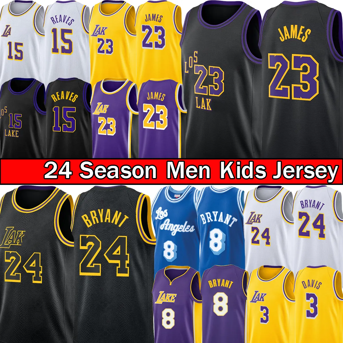 Bryant 6 Lebron 23 James 2022-23 Maillot de basket-ball Austin Reaves D'Angelo Russell Anthony 3 Davis Los City Hommes Enfant Jeunesse Cousu Rétro T-shirt Jaune