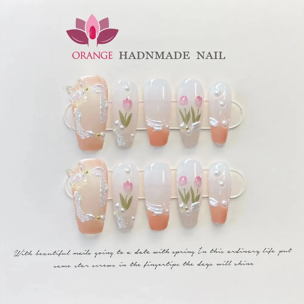 Square Handmade Press On Nail With 3D Flower Designad Medium Length Red White Manicuree Wearable Full Cover Artificial Nail Art 240201