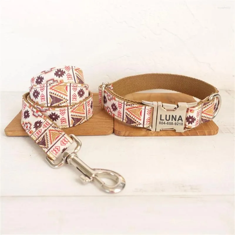 Dog Collars Personalized Pet Collar Customized Nameplate ID Tag Adjustable Brown Ethnic Suit National Plaid Cat Lead Leash