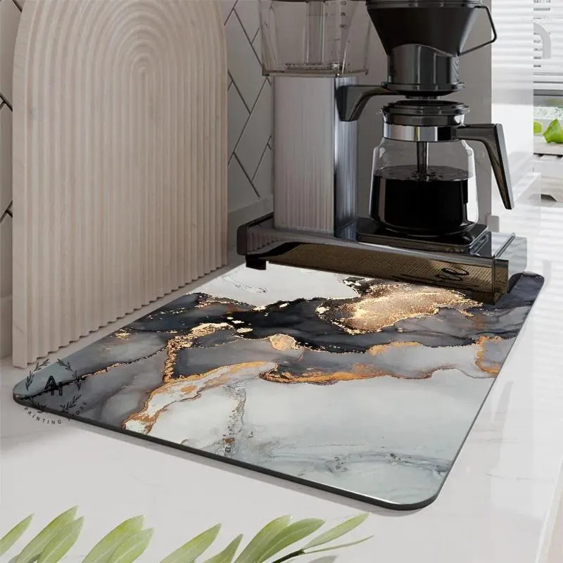 Table Mats Marbling Kitchen Drain Pad Placemat Quickly Dry Coffee Bar Mat Dish Drying Hide Stain Rubber Tableware Cup Bottle Rugs