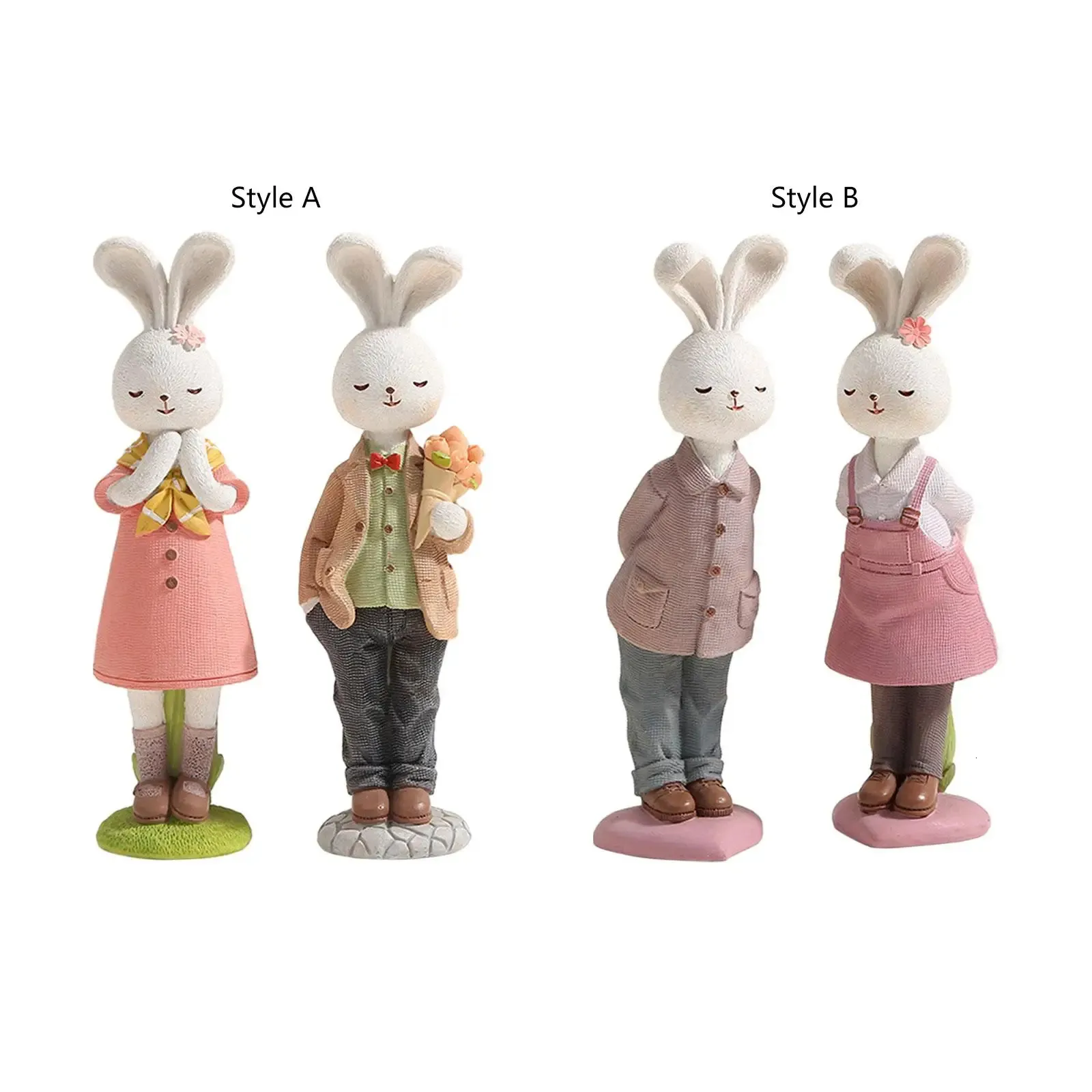 2x Easter Couple Bunny Figurines Easter Decoration Cartoon Cute Creative Ornament for Office Table Porch Cabinet Balcony