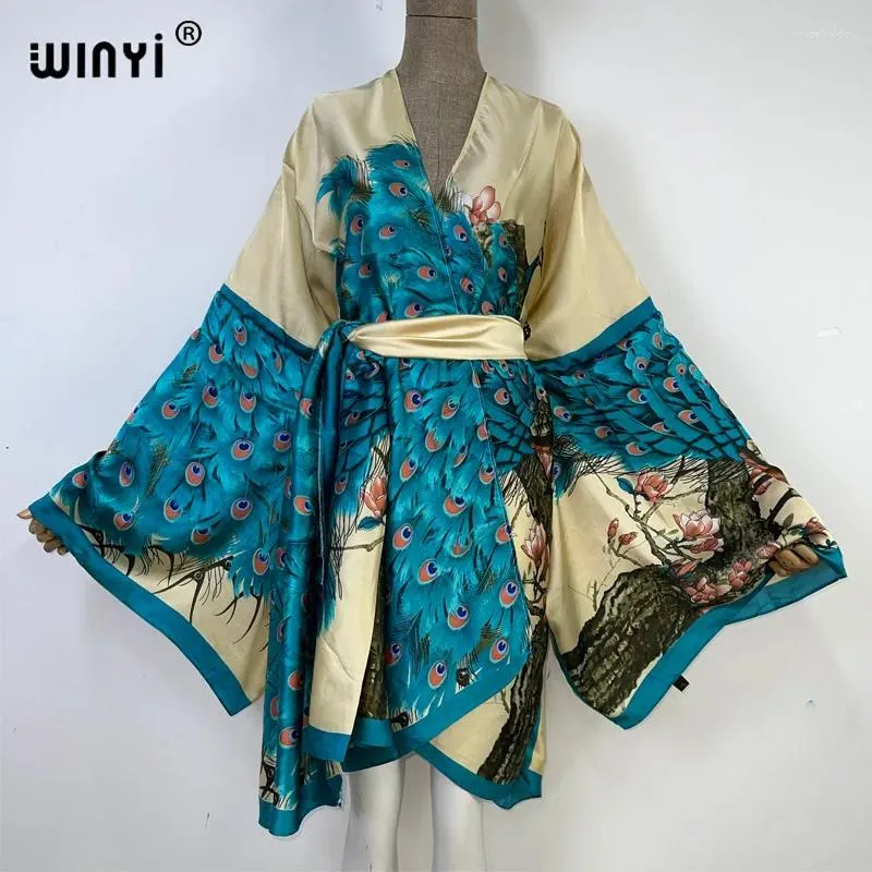Kvinnors badkläder Winyi 2024 Africa Summer Print Women Cardigan Stitch Robe Cocktail Sexig Boho Loose Holiday Long Sleave Silk Kimono med
