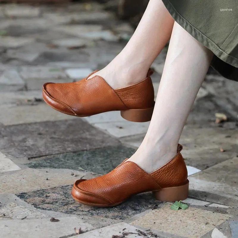 Модельные туфли, женские кожаные туфли на каблуке, коричневые туфли без шнуровки для ленивых лоферов, мягкие женские туфли ручной работы из натуральной кожи