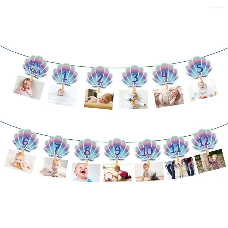 Party Decoration Cartoon Mermaid First Birthday Po Frame Banner One Year 12 Months Born Baby Shower Hanging Background Wall DIY Decor