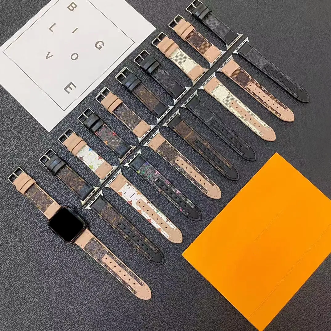 Läderklocka remmar Apple Watch Band 38mm 40mm 41mm 42mm 44mm 45mm 49mm Luxury HI Quality Designs Watchband Iwatch 8 7 6 5 4 Pu Luxury Brand L With Logo Box Woman Man Man