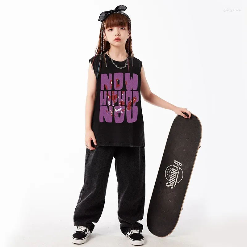 Сценическая одежда, детская одежда в стиле хип-хоп Kpop, жилет без рукавов с принтом, уличная одежда, джинсовые брюки для девочек и мальчиков, костюм для джазовых танцев, одежда