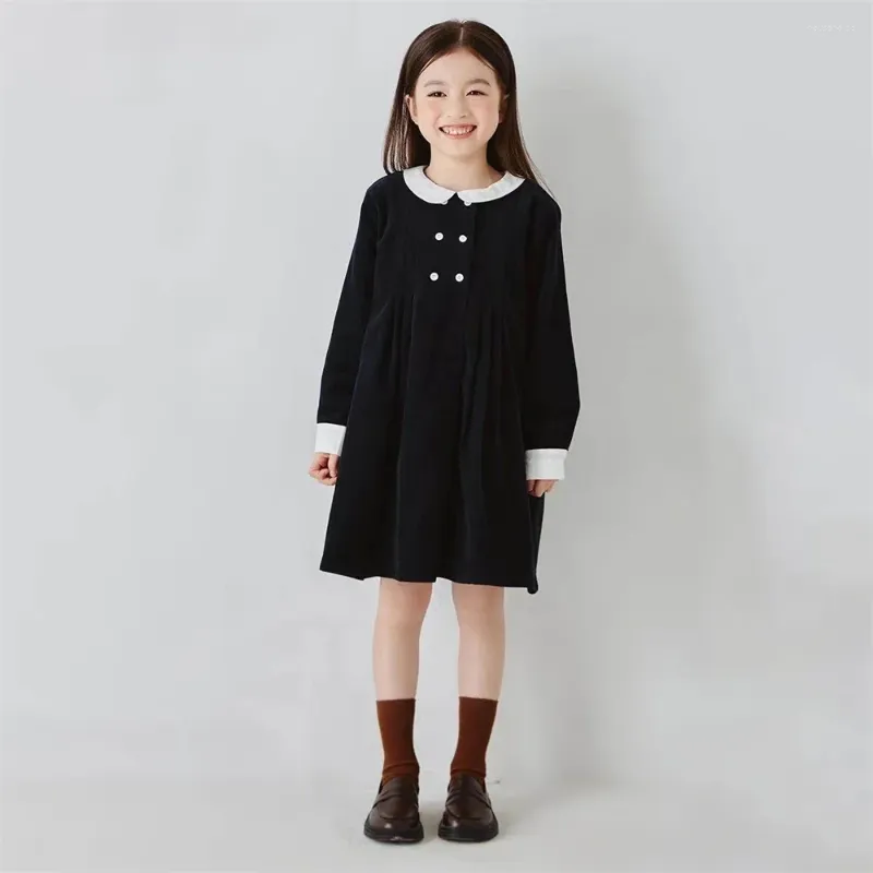 Robes de fille Adolescent Enfants Marine Pour Les Filles En Bas Âge À Manches Longues En Velours Côtelé Printemps Et Automne Robe Col Rabattu Enfants Vêtements D'automne