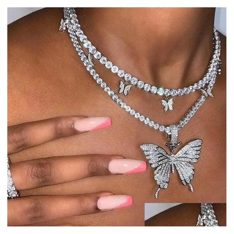 Ожерелья с подвесками Iced Out Butterfly Ожерелье с подвеской Gold Sier Теннисная цепочка Мужские женские ожерелья в стиле хип-хоп Ювелирные изделия Drop Delivery Jewel Dhpp7