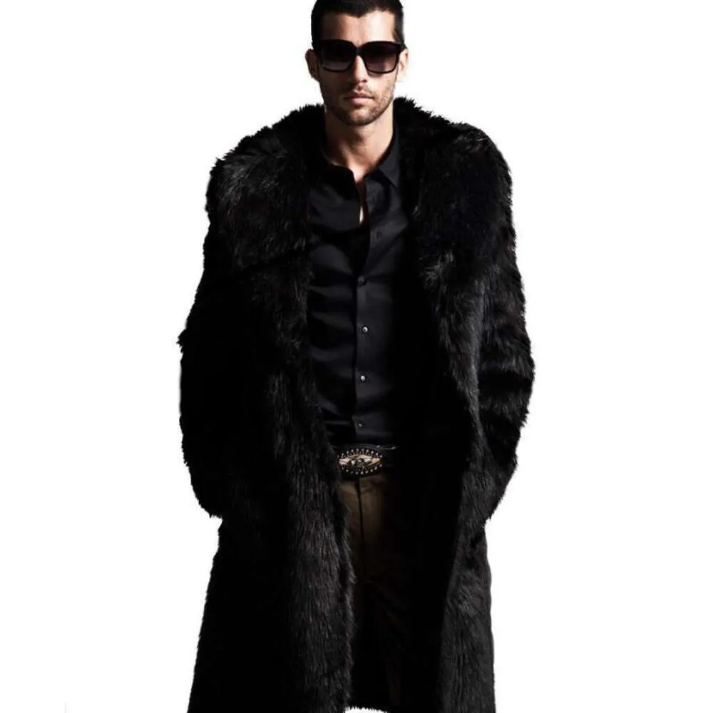 Designer Mens Artificial Fur Coat Black Long Winter Warm Rabbit Lapel TOSP