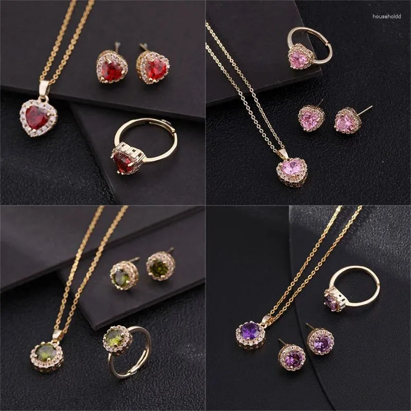 Ensemble de collier et boucles d'oreilles en Zircon, bijoux ronds en cristal, pendentif en acier inoxydable, bague, cadeaux de fête pour femmes et filles