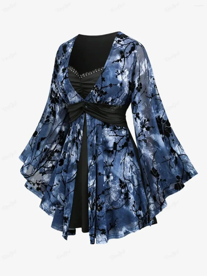 Kvinnors T-skjortor Rosegal Plus Size Ink Målning Blommuttryck Lace Trim T-shirt Kvinnor Autumn Deep Blue Flare Sleeve Ruched Twist Blus Tops