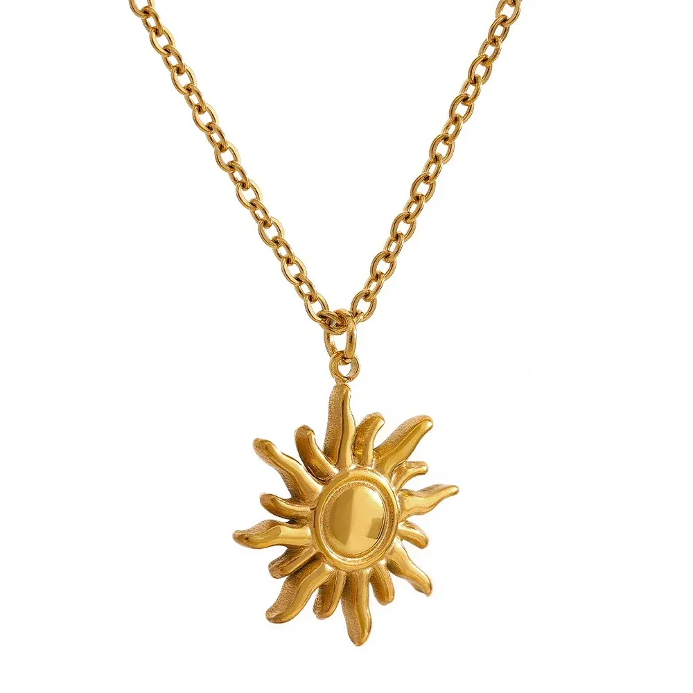 14k Yellow Gold Casting Sun Pendant Necklace Waterproof Simple Fashion Texture Trendy Jewelry for Woman