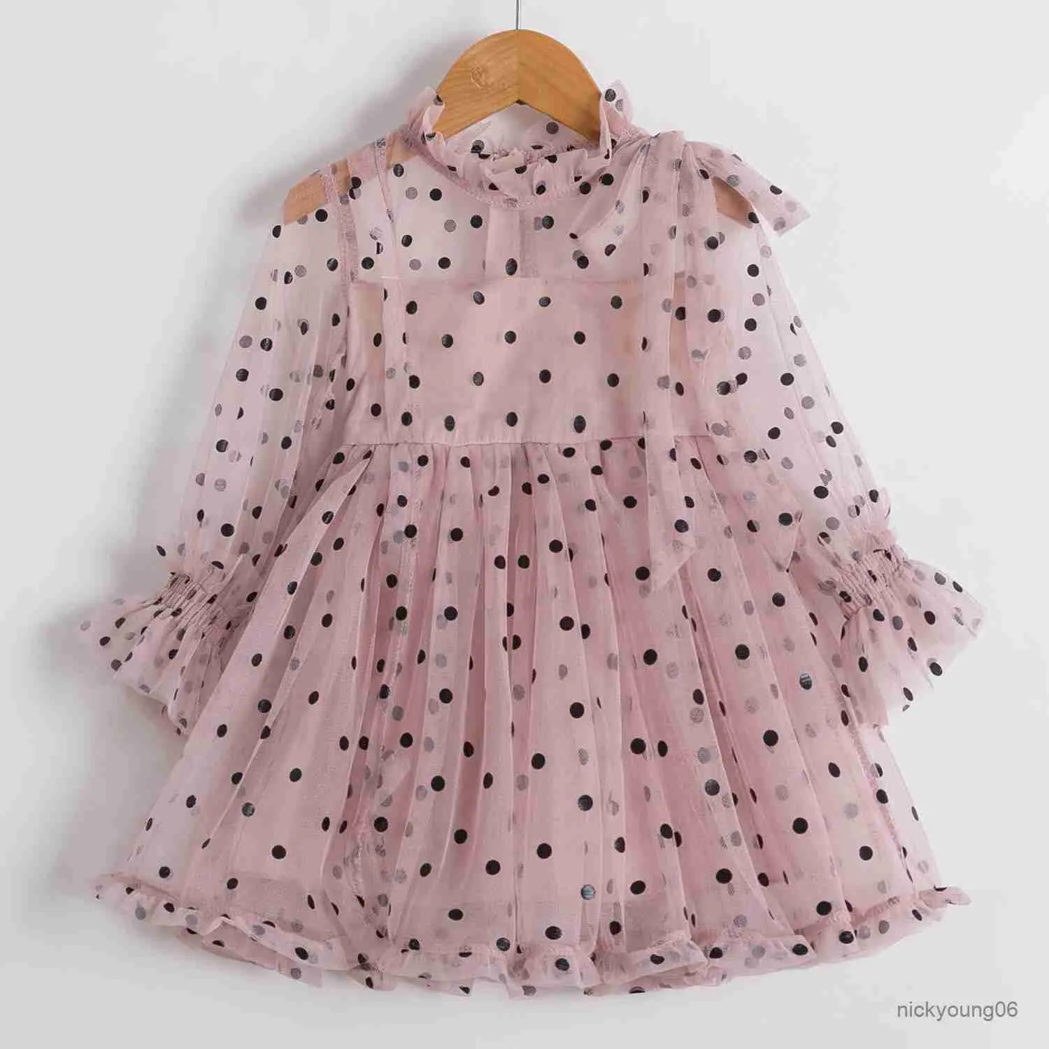 Robes de fille Jolies filles robes de soirée rose robe de fille de fleur pour la cérémonie de mariage Costume d'anniversaire pour enfants automne à pois vêtements à manches longues