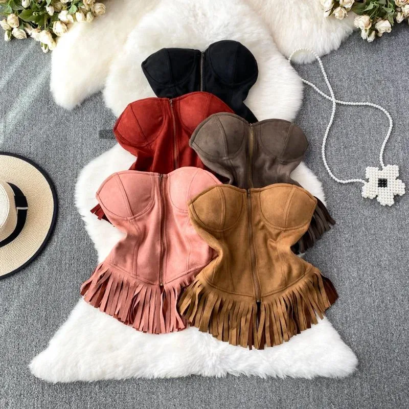 Kobiety z czołgów amerykańskie wierzchnia retro kobiety z wbudowanym stanikiem bez ramiączki Slim Tassel Camisole Solid Color Sleveless Camis Wszechmogący