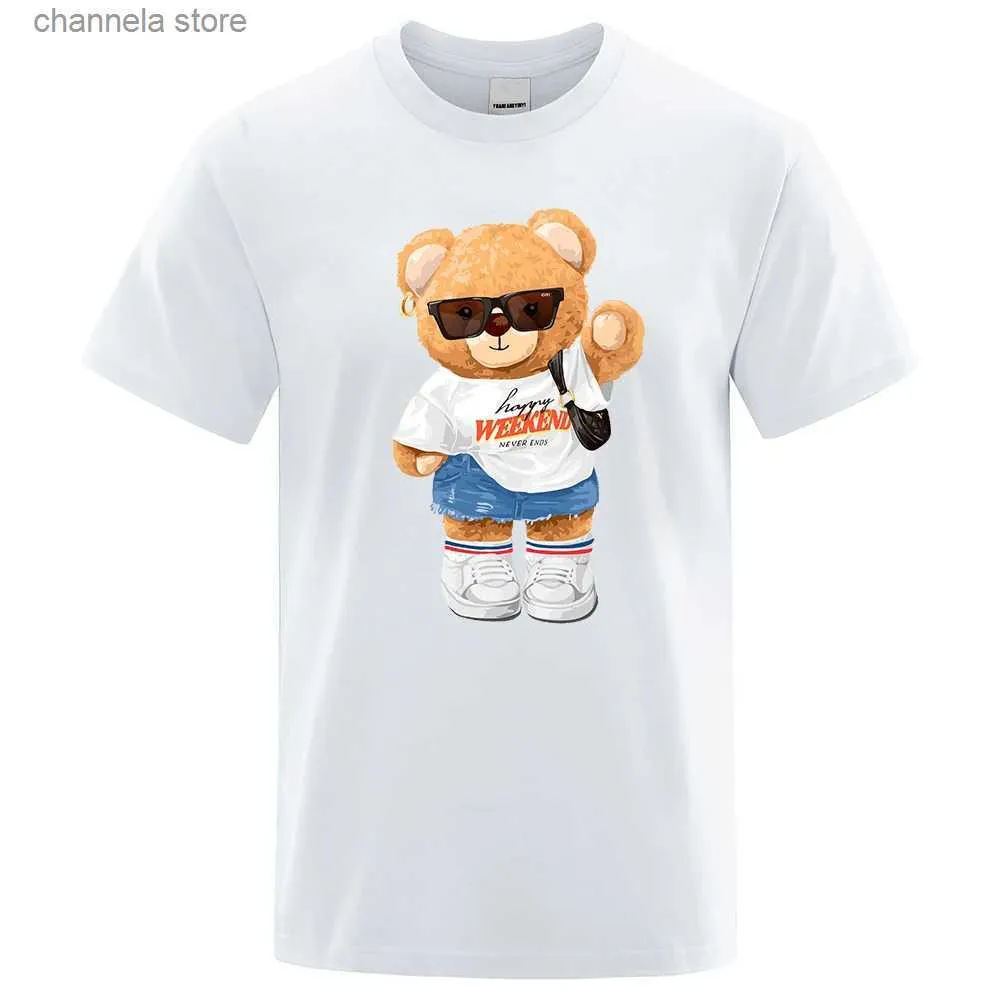 Homens camisetas Feliz fim de semana nunca termina Teddy Bear Mens Camisetas Soltas Camisetas Algodão Respirável T-shirt Oversized Tops Qualidade Casual Tops T240202