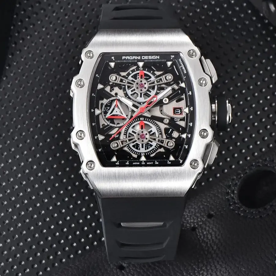 Pagani Design Men Watch Luxury Quartz Watch For Men Skeleton Dial Chronograph 100M Waterproof Rectangle Sapphire glass 240129