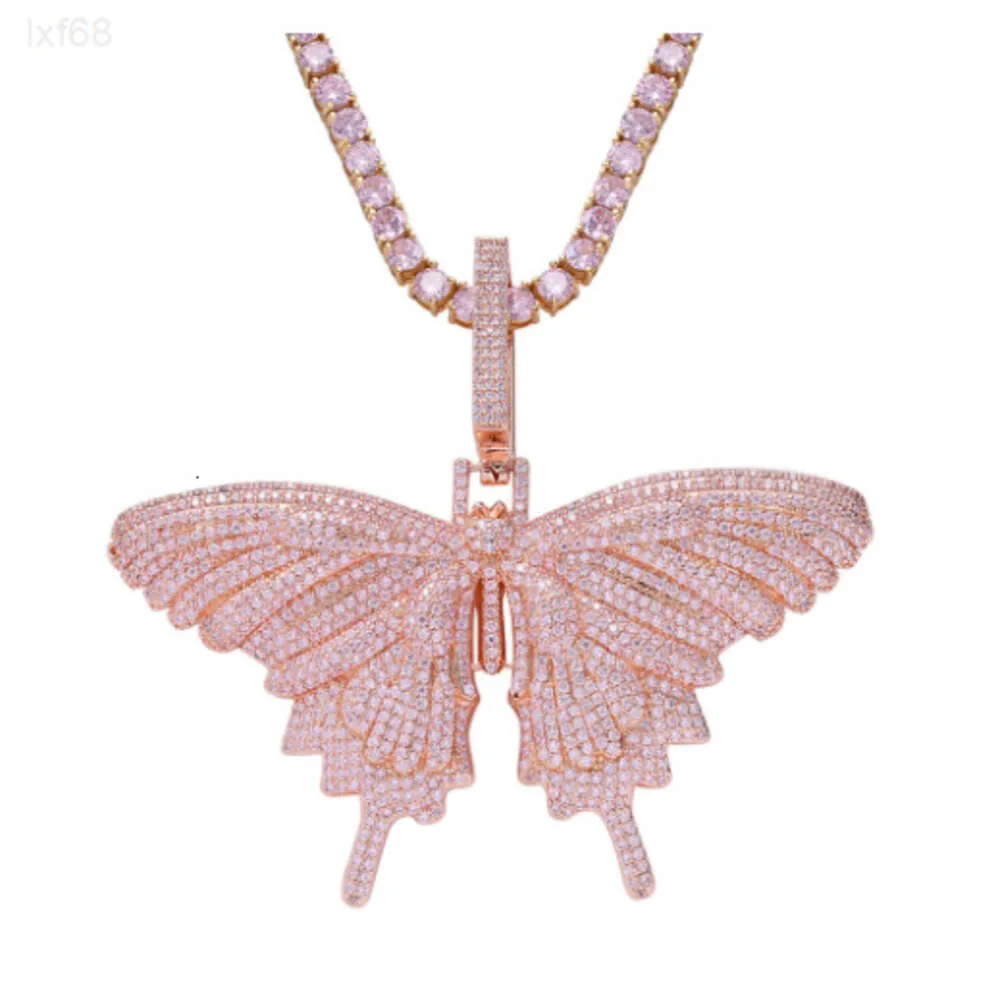 Hip-Hop-Sterlingsilber, rosévergoldet, mit Moissanit-Diamantschmuck, Tennis-Halskette mit Schmetterlingsanhänger