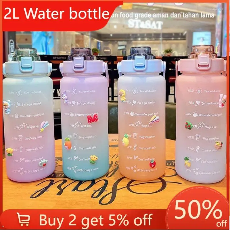 Water Bottles 2l Motivational Bottle Cold Drinking Cups Sport With Time Marker Sticker Portable Plastic Straw Cup Large Capacity