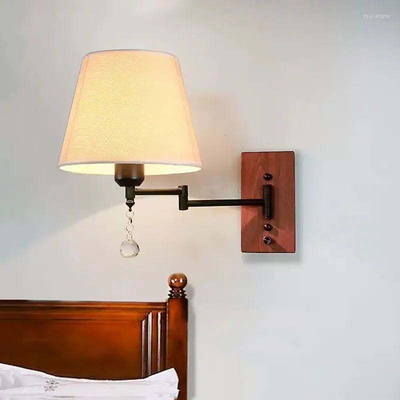 Lâmpada de parede americana dobrável cabeceira sala de estar quarto estudo nórdico grão de madeira braço com interruptor tecido