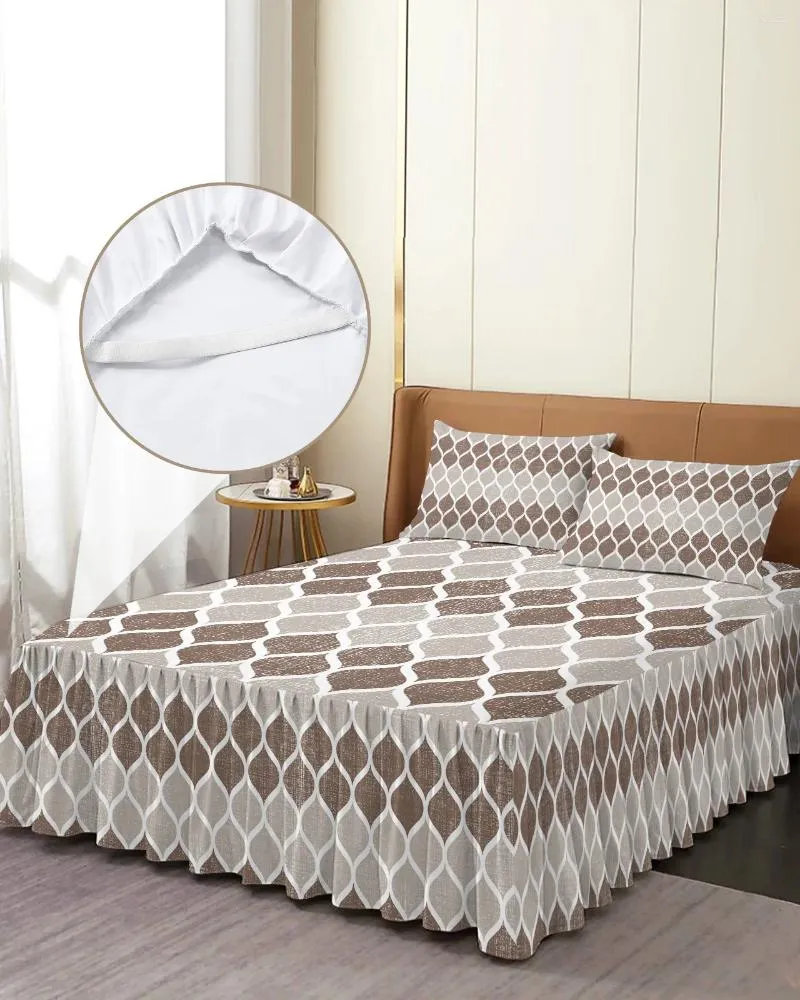 Bed Skirt Medieval Geometric Brown Khaki Retro Elastic Fitted Bedspread With Pillowcases Mattress Cover Bedding Set Sheet