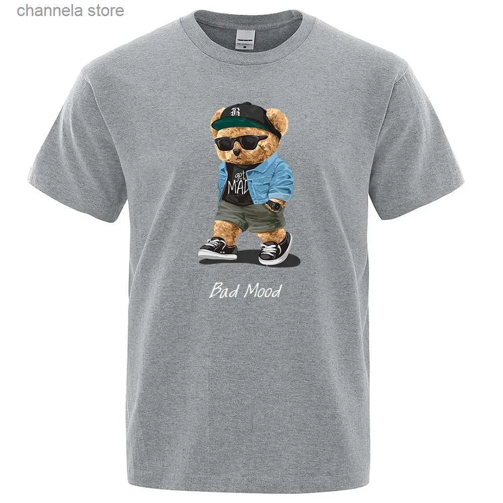 Homens camisetas Verão Casual Camiseta Get Mad Bad Mood Andando Silencioso Teddy Bear Manga Curta Mens T-shirt Hip Hop Tops Casual Marca Homens Tees T240202