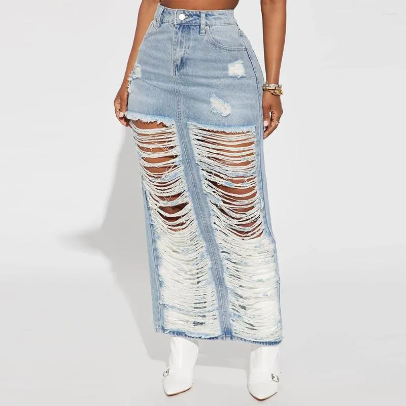 Saias angustiadas denim para mulher 2024 verão moda sexy luz azul jean longo buraco saia com fenda streetwear