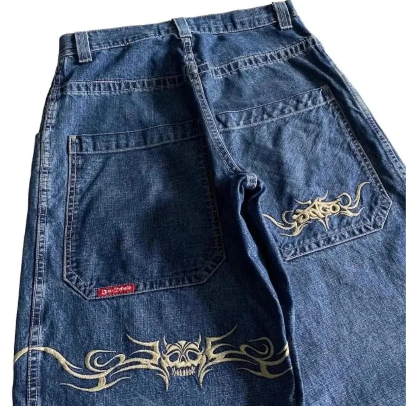 Men's Jeans Wide Leg Jeans JNCO Y2K Hip Hop Retro Graphic Embroidered Baggy Black Pants Men Women Harajuku Gothic High Waist Wide Trouse 1342