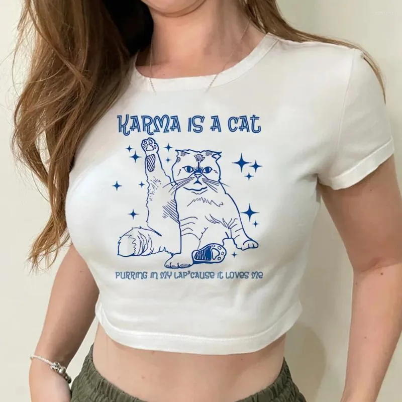 Женские футболки Karma Is A Cat Shirt Harajuku Ретро-модные укороченные топы с принтом Летняя уличная одежда с круглым вырезом Y2K Короткая футболка с рукавами реглан