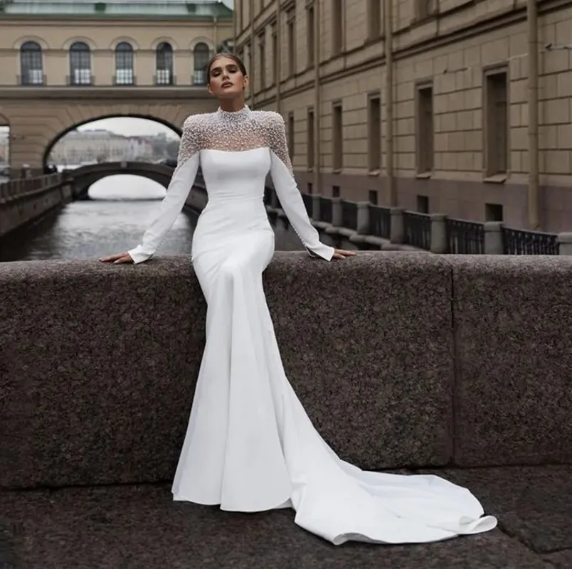 most expensive mermaid wedding dress Luxury Illusion Lace Long Sleeve Sexy Mermaid Boho Long Wedding Dresse   SposaBridal