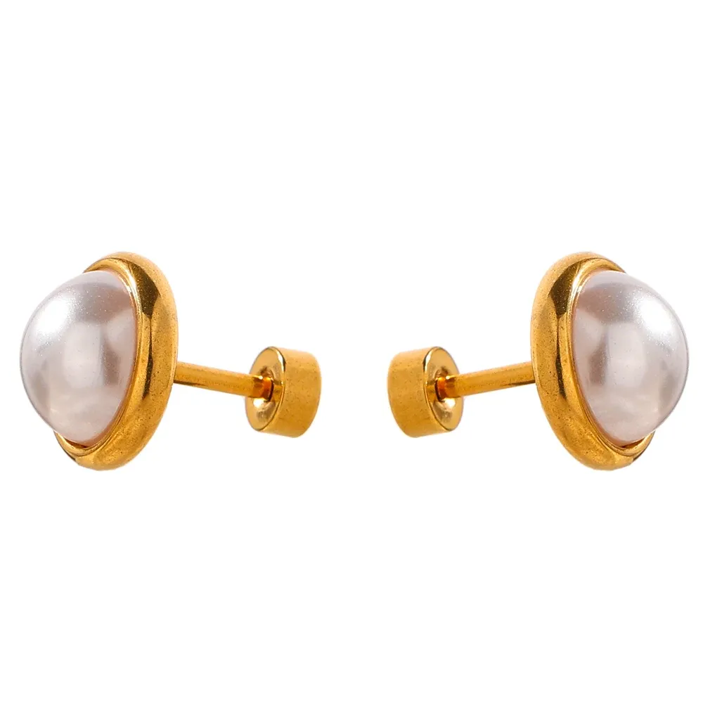 Perlen-Ohrstecker mit Schraubverschluss, trendiger 14-karätiger Gelbgold-Schmuck, geometrischer Charme für Frauen, Gala-Geschenk