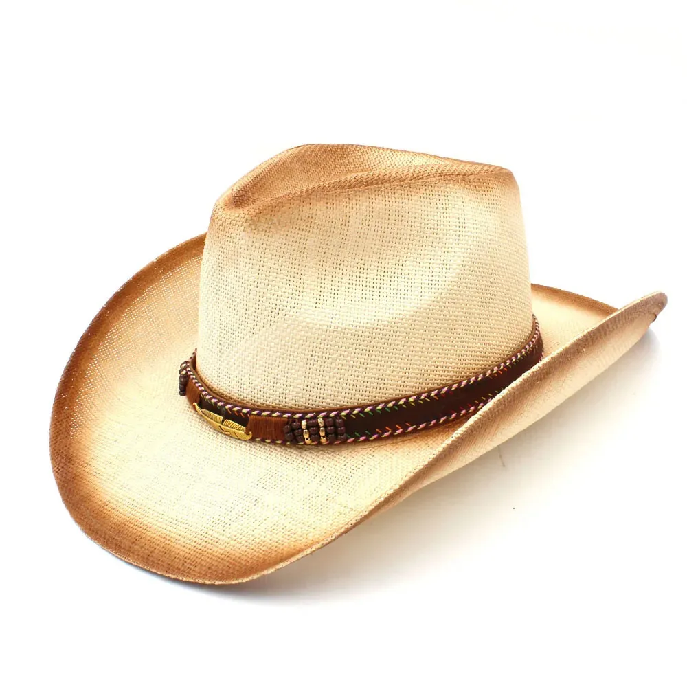 Mode Femmes Hommes Paille Western Cowboy Chapeau Avec Feuilles Bande Pour Dame Papa Tissage À La Main Hombre Cowgirl Jazz Caps Taille 58 CM 240130