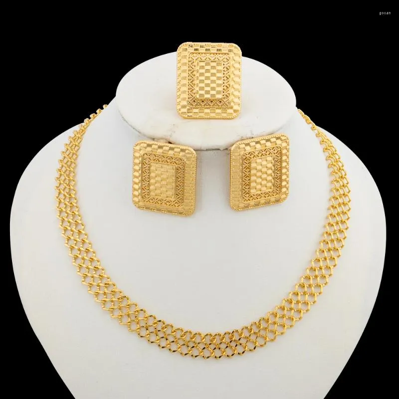 Necklace Earrings Set Luxury Gold Color Jewelry For Party African Square Design And Weddings Bride Jewellery Accessories Gifts